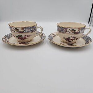 Vintage Lenox Ming Birds Tea Cups & Saucer Set Cherry Blossom Set Of 2 Porcelain